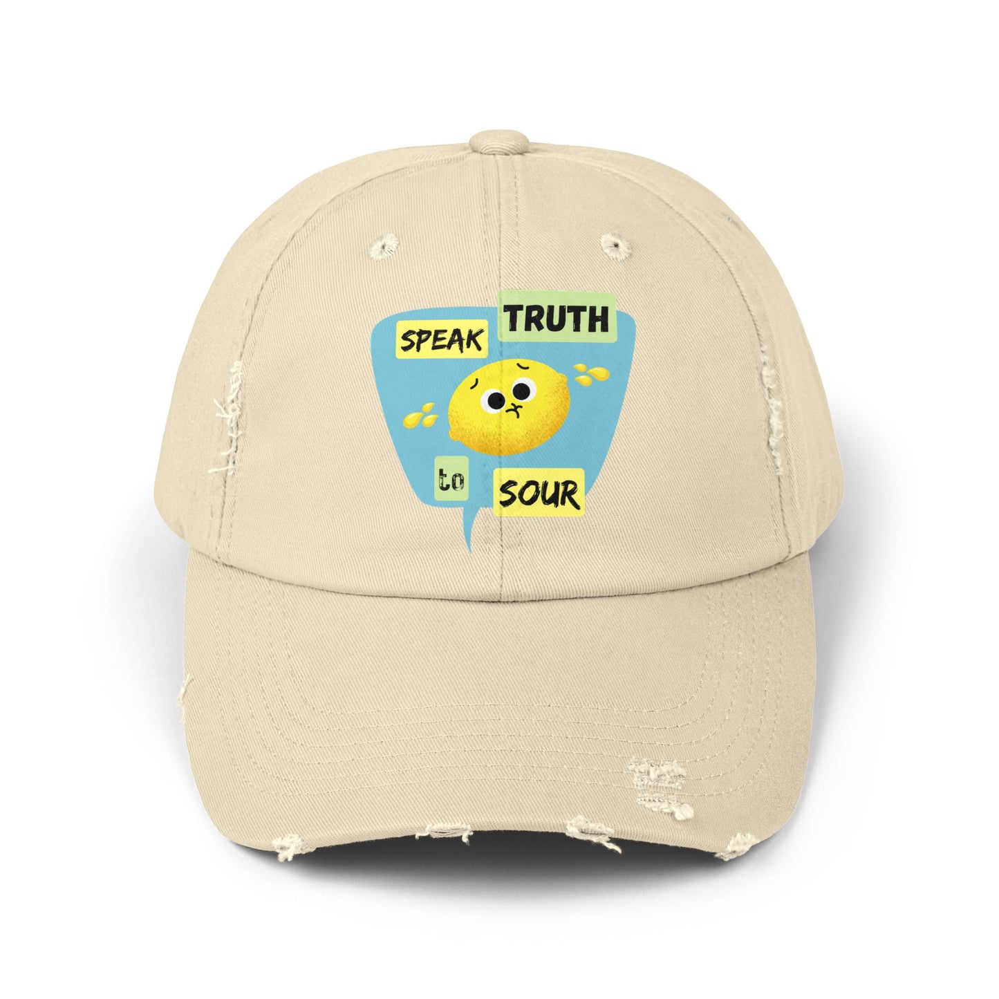 Speak Truth to Sour Lemon Pun Cap – Unisex Distressed Hat, Funny Gift for Friends, Unique Summer Accessory, Trendy Casual Wear