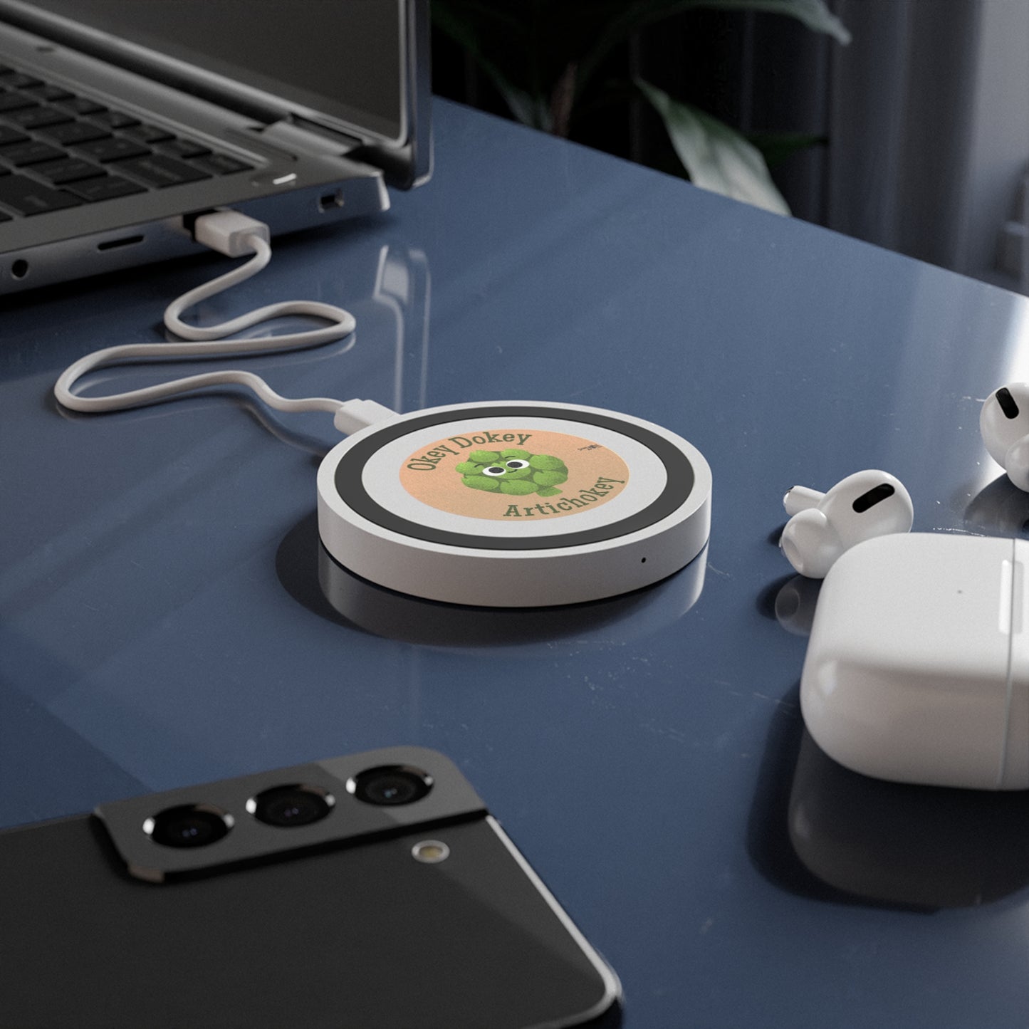 Okey Dokey Artichokey Wireless Charging Pad, Cute Charging Station, Funny Office Decor, Tech Gift, Bundle with Air Pod Case