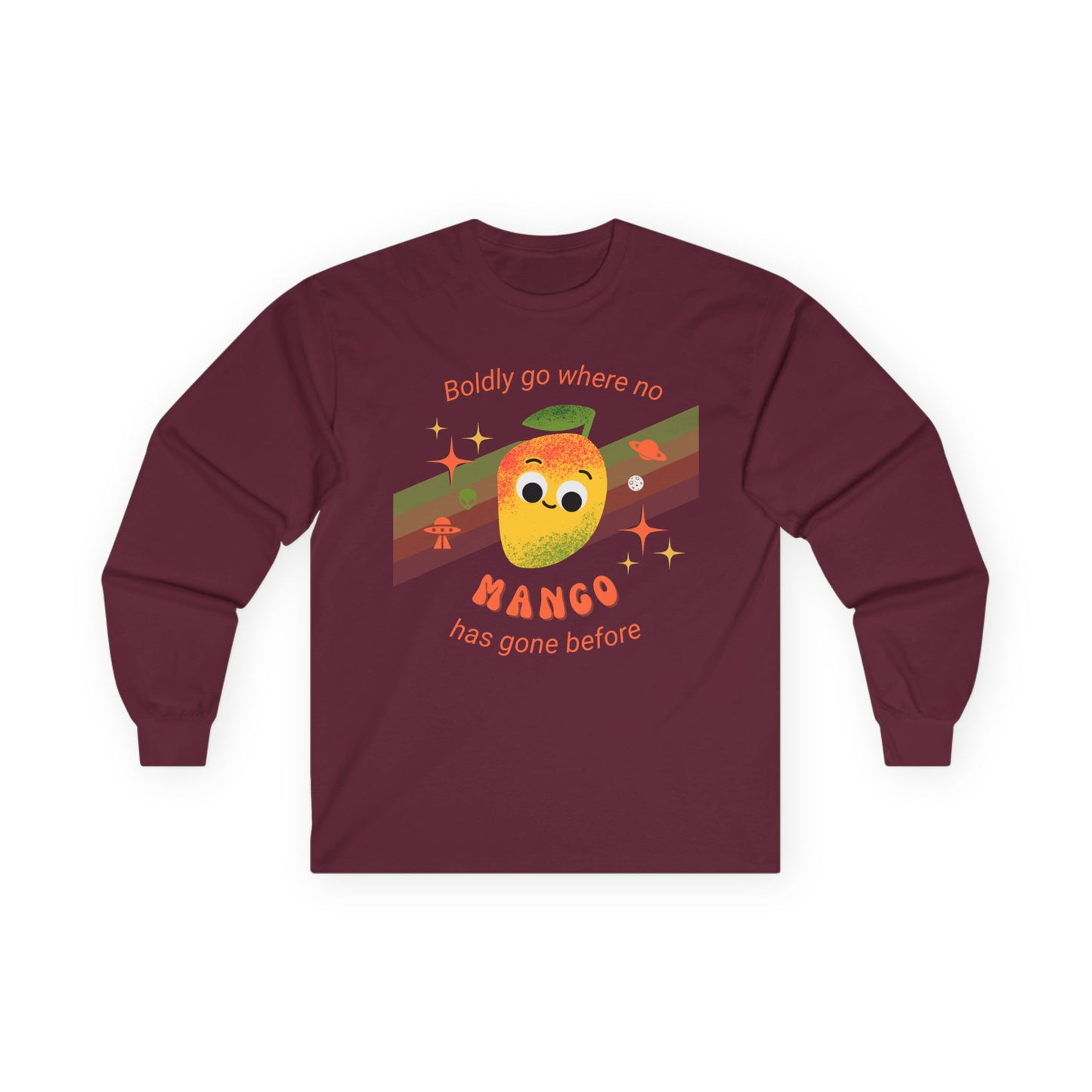 Spacey Mango Long Sleeve Tees - Perfect for Casual Days, Gifts, Summer Events, ‘Boldly Go Where No Mango Has Gone Before'