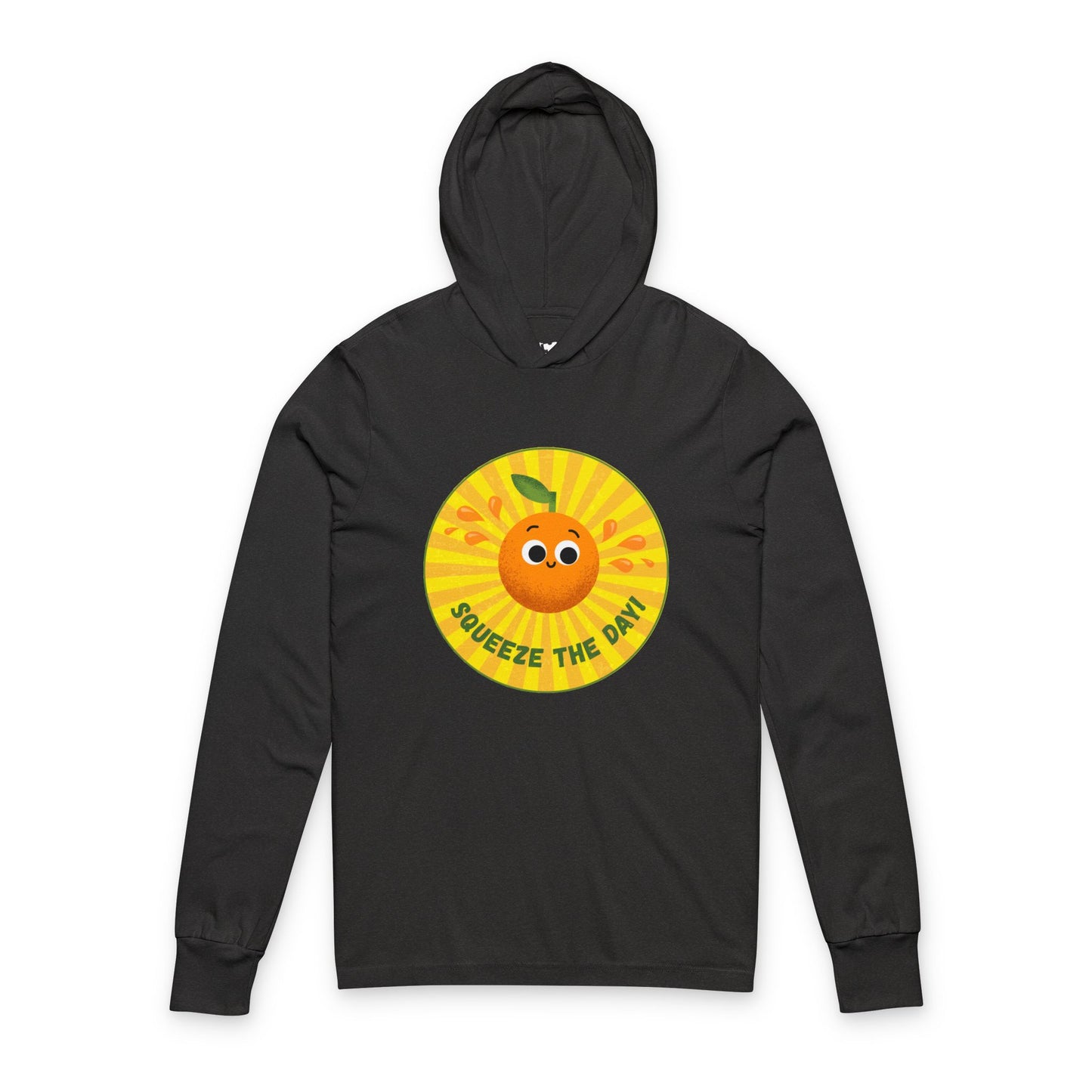Cheerful Hooded Long Sleeve Shirt with 'Squeeze the Day' Design, Unisex Pullover for Everyday Motivation, Perfect Gift, Fun Apparel, Summer Vibes