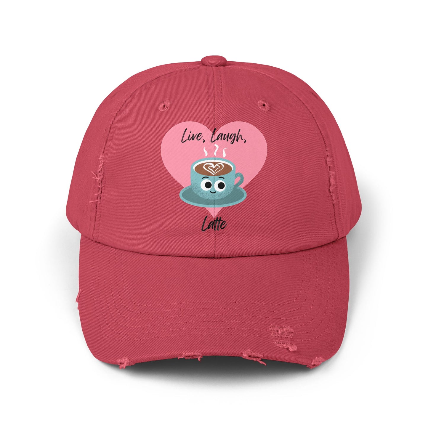 Cute Coffee-Themed Distressed Cap, Live Laugh Latte Pun Hats, Casual Everyday Accessory, Gift for Coffee Lovers, Unique Summer Cap