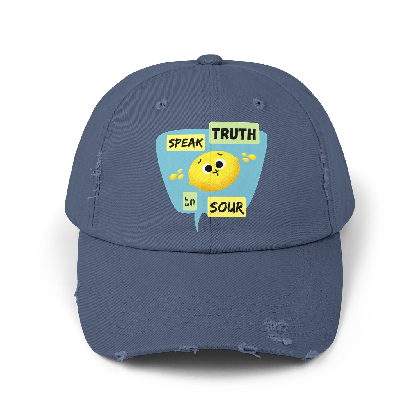 Speak Truth to Sour Lemon Pun Cap – Unisex Distressed Hat, Funny Gift for Friends, Unique Summer Accessory, Trendy Casual Wear