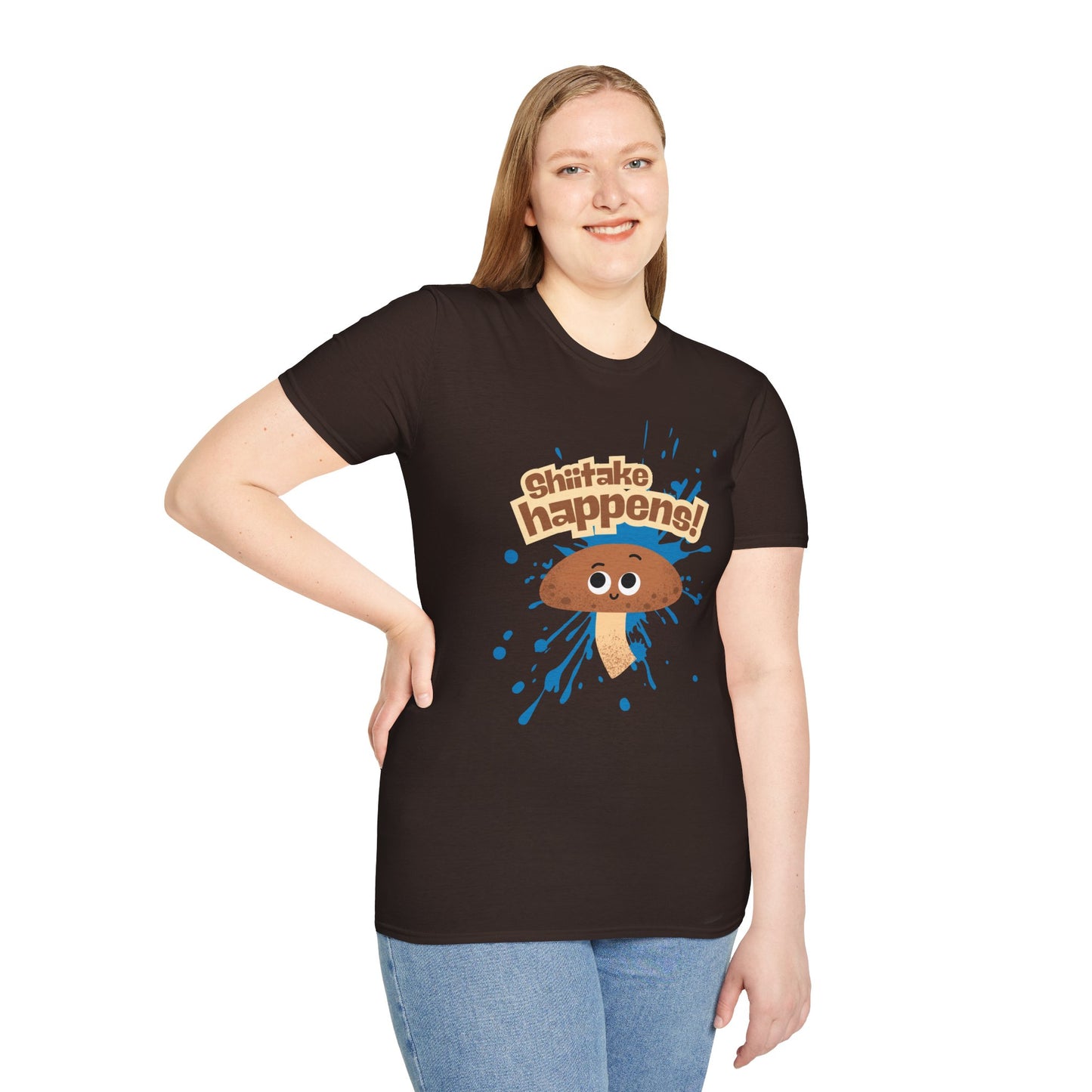 Shitake Happens T-Shirt, Funny Mushroom Tee, Unisex Softstyle Shirt, Casual Humor Top, Gift for Fun Lovers, Quirky Apparel