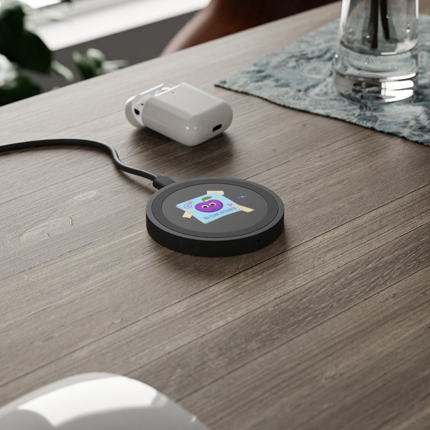 Quirky Wireless Charging Pad, Cute Plum Pun Design, No Plum Intended, Bundle With Air Pod Case, Gift for Students, Tech Gadget