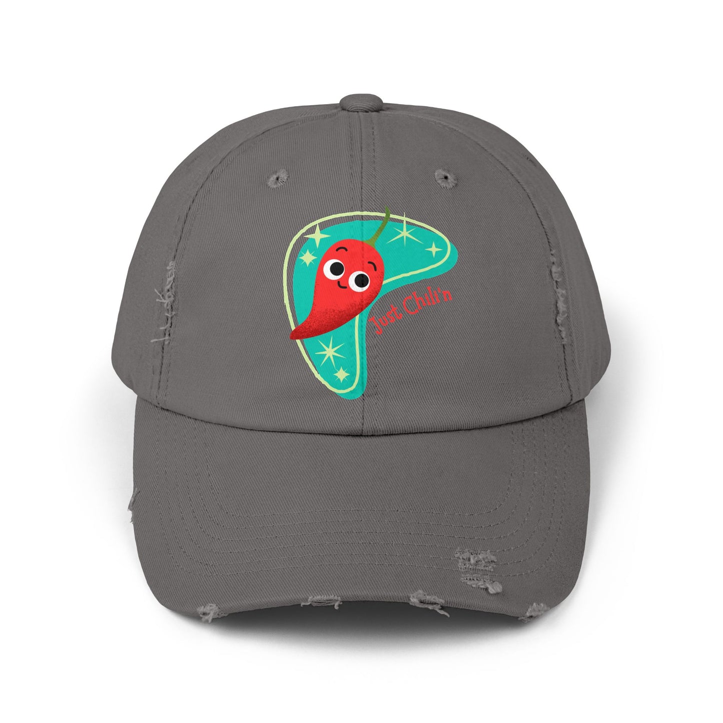 Unisex Distressed Cap with Cute Chili Design | Fun Gift for Food Lovers, Casual Wear, Summer Festivals, Birthdays, Funny Pun Hats