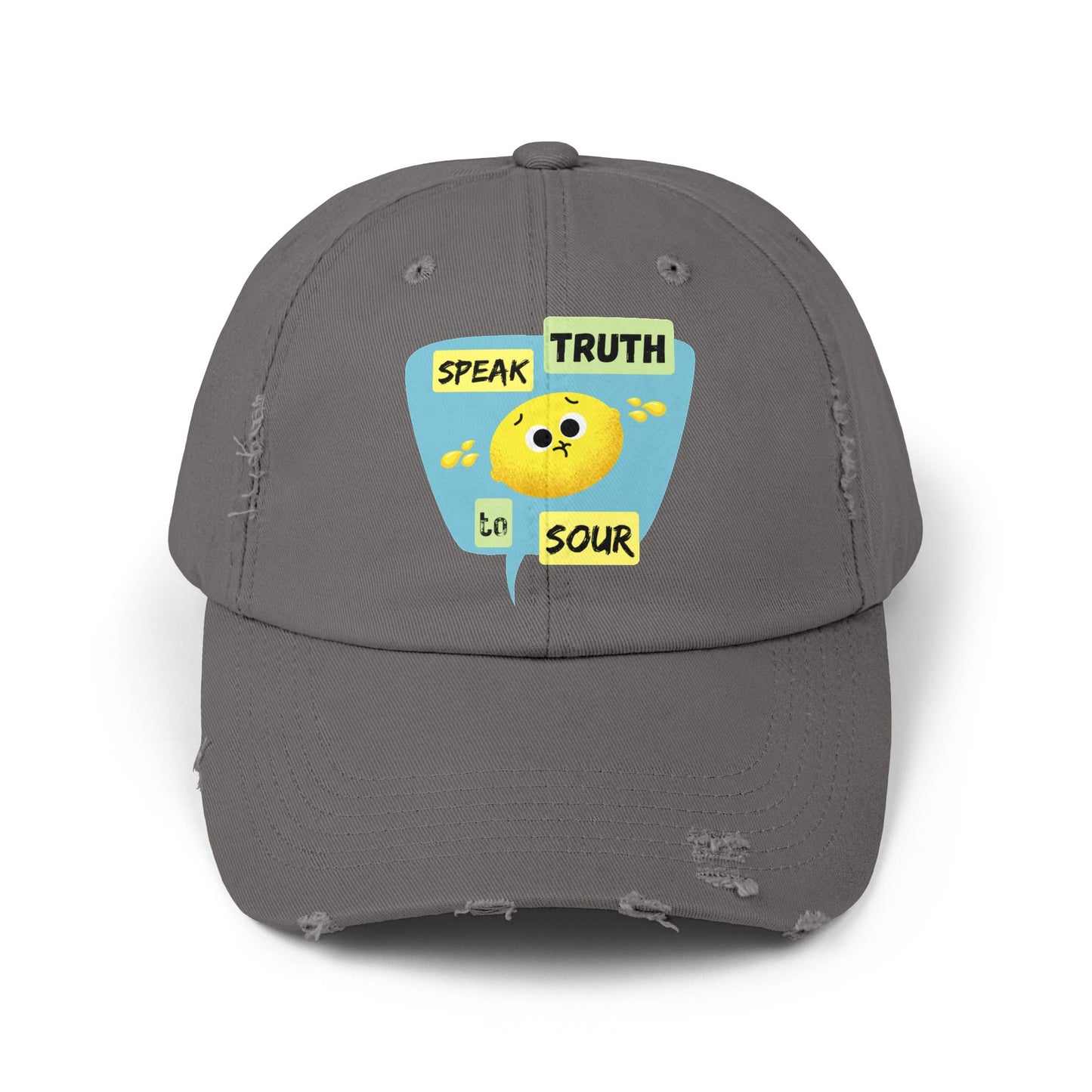 Speak Truth to Sour Lemon Pun Cap – Unisex Distressed Hat, Funny Gift for Friends, Unique Summer Accessory, Trendy Casual Wear
