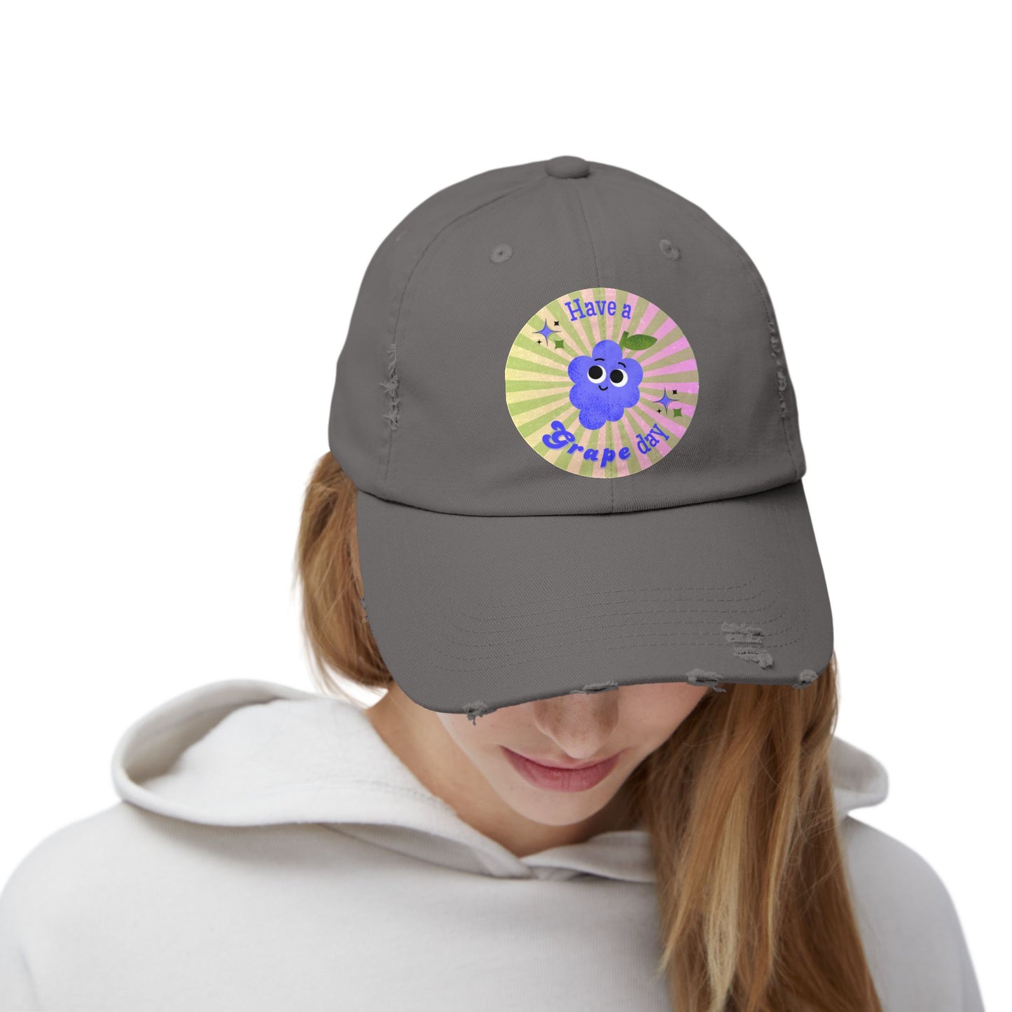 Quirky Distressed Cap: Fun Gift for Friends, Summer Accessory, Casual Funny Hats, Positive Vibes, Have a Grape Day!