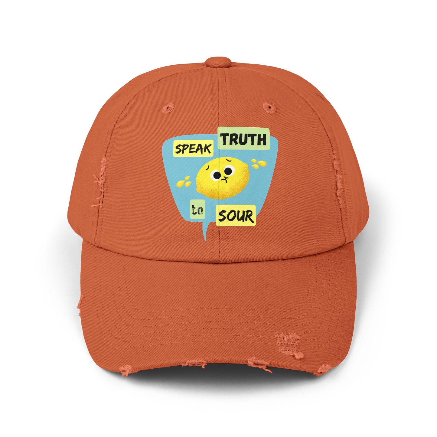 Speak Truth to Sour Lemon Pun Cap – Unisex Distressed Hat, Funny Gift for Friends, Unique Summer Accessory, Trendy Casual Wear