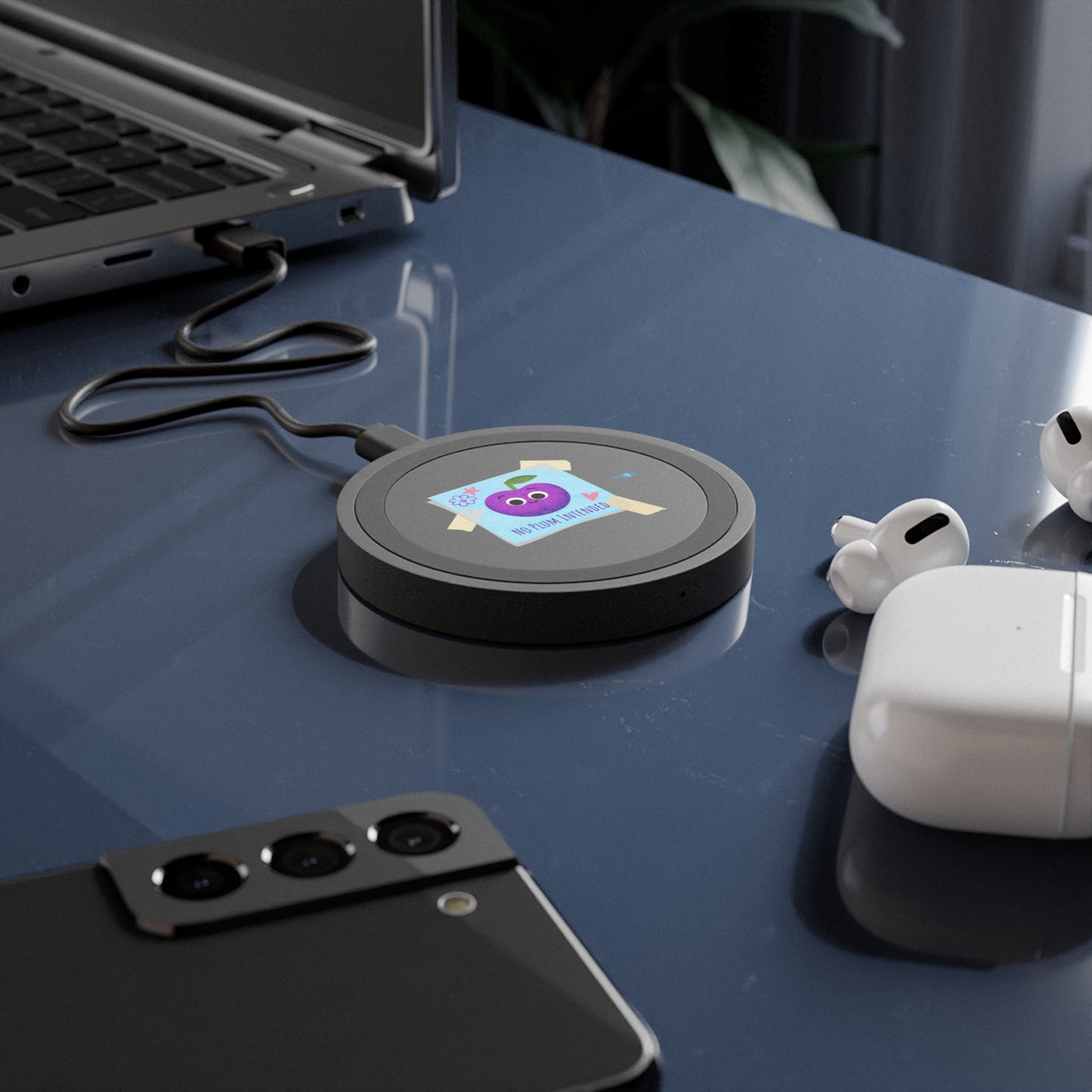 Quirky Wireless Charging Pad, Cute Plum Pun Design, No Plum Intended, Bundle With Air Pod Case, Gift for Students, Tech Gadget