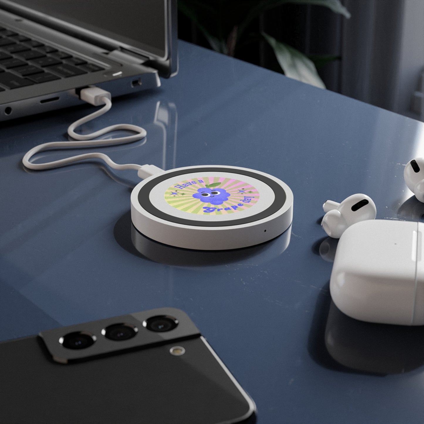 Wireless Charging Pad with Grape Design, Cute Tech Accessory, Gifts for Students, Bundle with Air Pod Case, Eco-Friendly Charging Solution