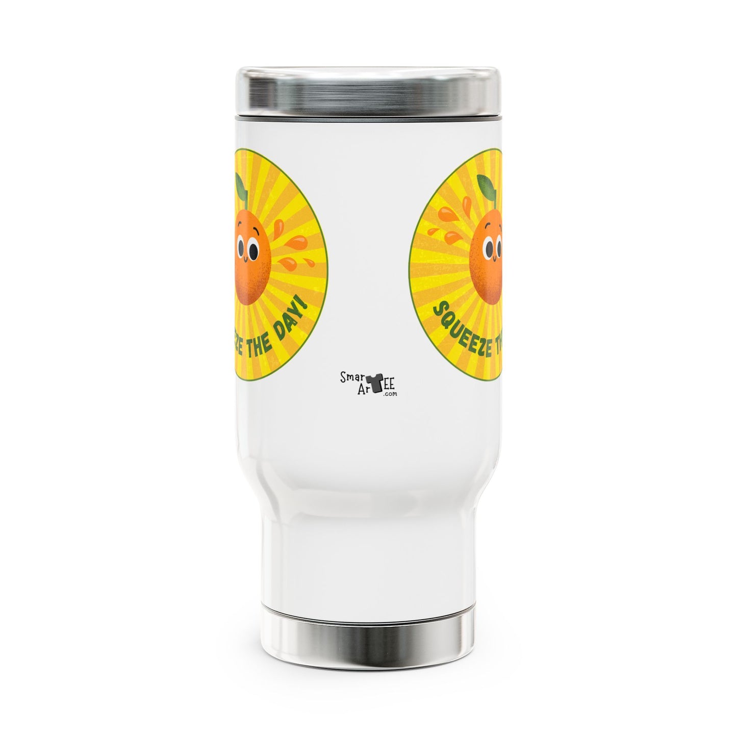 Travel Mug with Handle, Cute Orange Design for Coffee Lovers, Gift for Teachers, Friends, Summer Vibes, Squeeze The Day