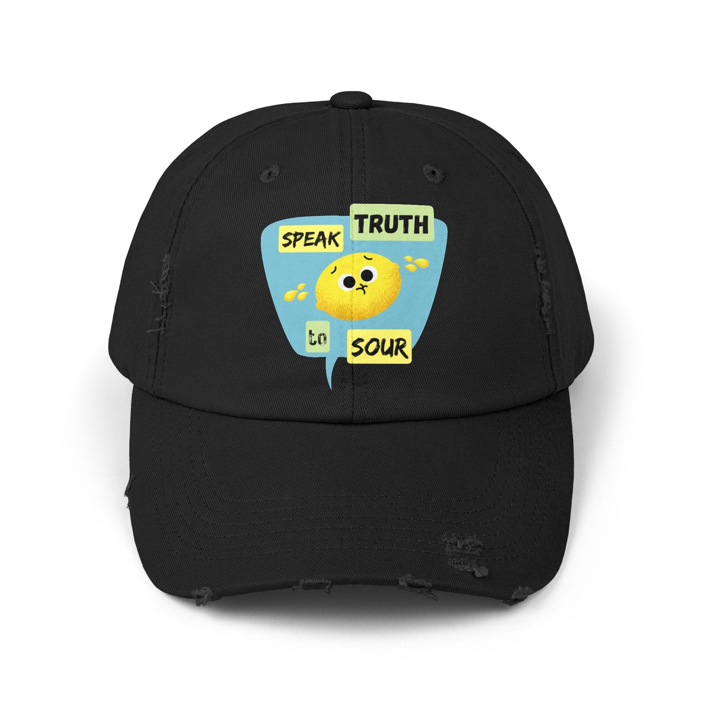 Speak Truth to Sour Lemon Pun Cap – Unisex Distressed Hat, Funny Gift for Friends, Unique Summer Accessory, Trendy Casual Wear