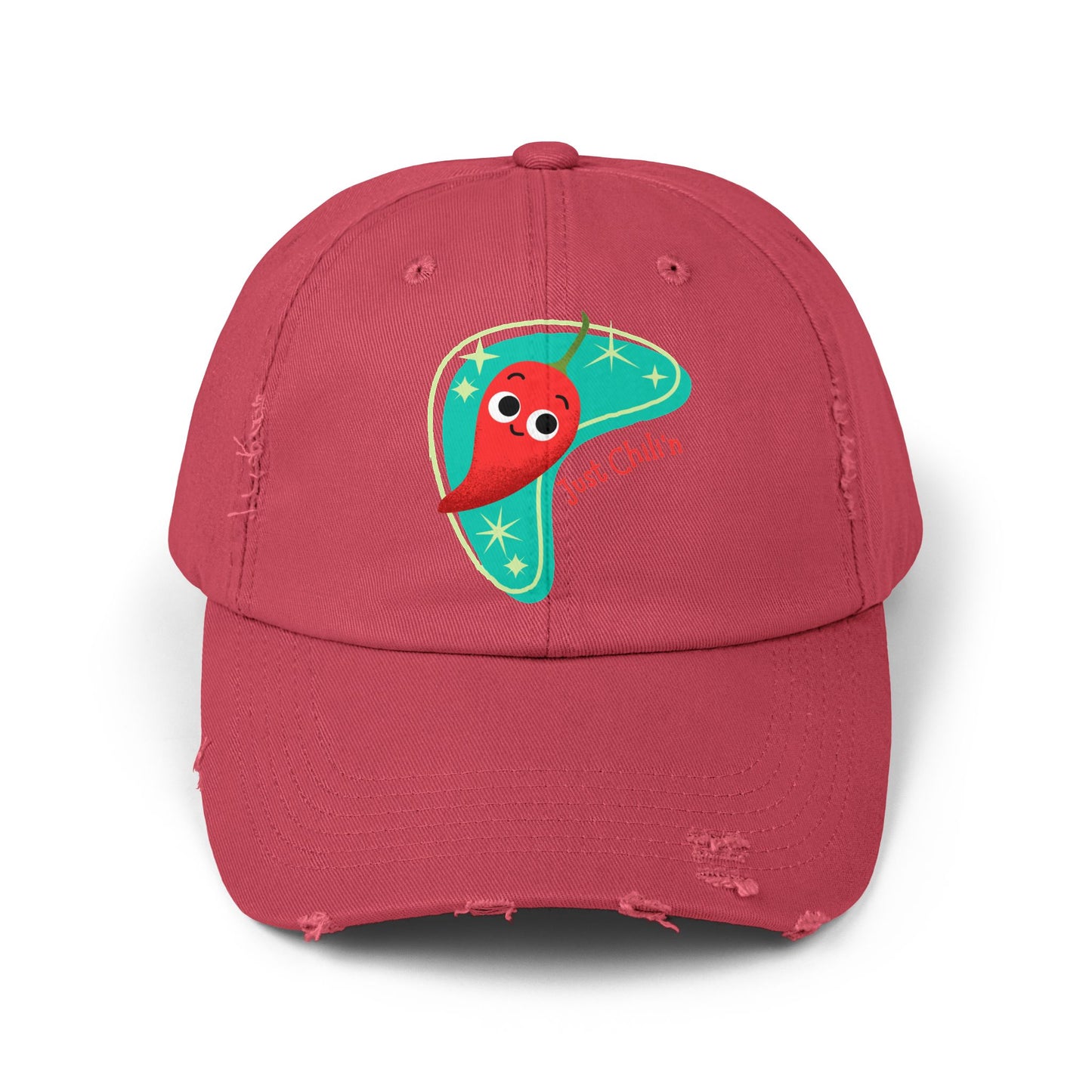Unisex Distressed Cap with Cute Chili Design | Fun Gift for Food Lovers, Casual Wear, Summer Festivals, Birthdays, Funny Pun Hats