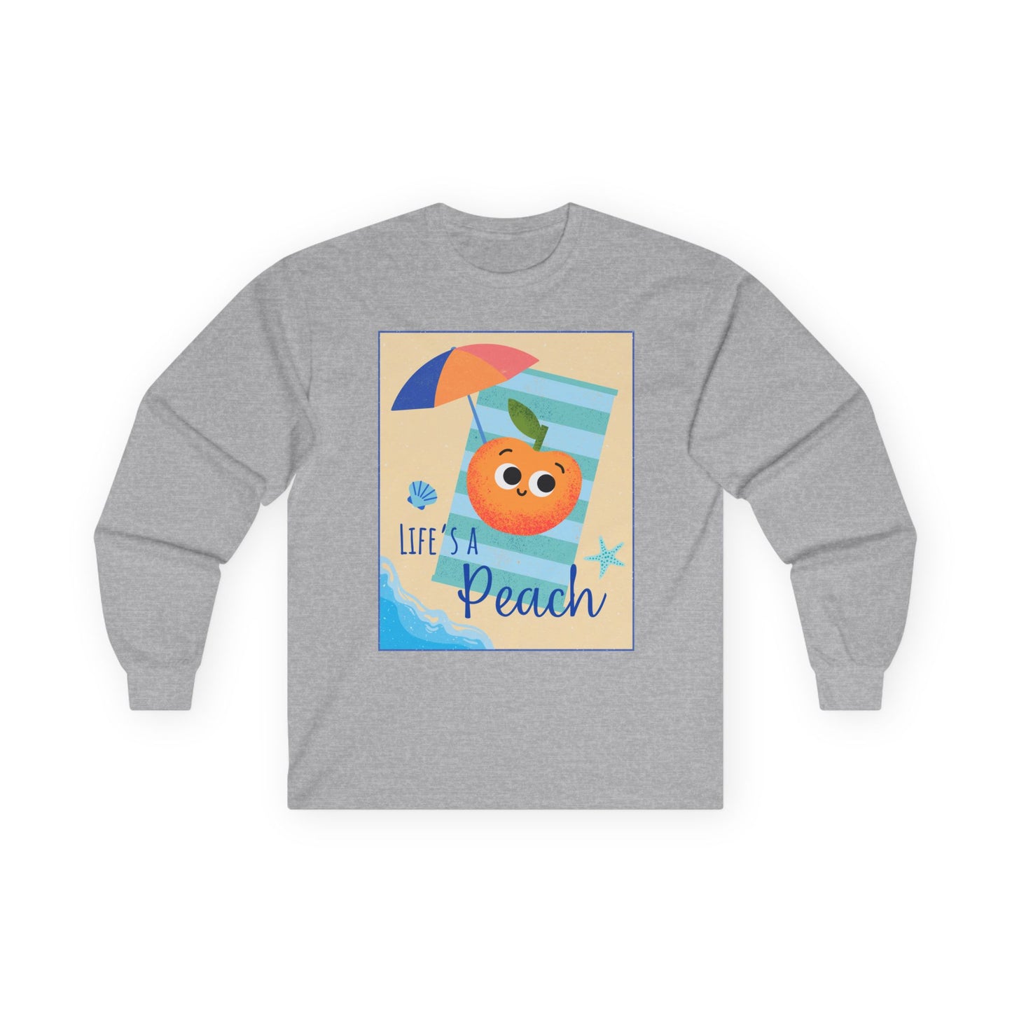 Lighthearted Peach Long Sleeve Tees for Summer Fun, Casual Wear, Beach Days, Cute Gift, Lifes a Beach Pun