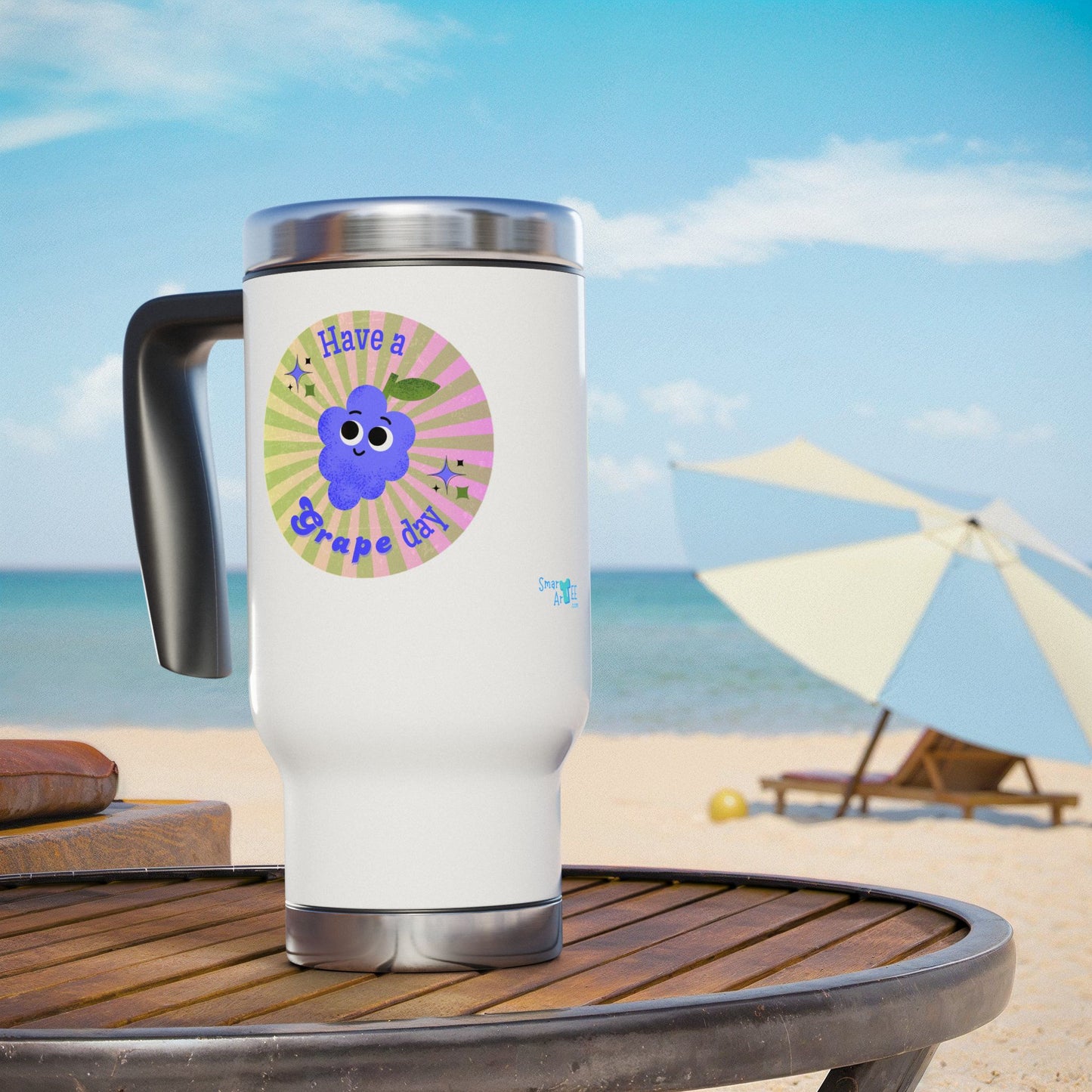 Whimsical Travel Mug with Handle - 'Have a Grape Day' Funny Pun Travel Accessory, Great Gift Idea,