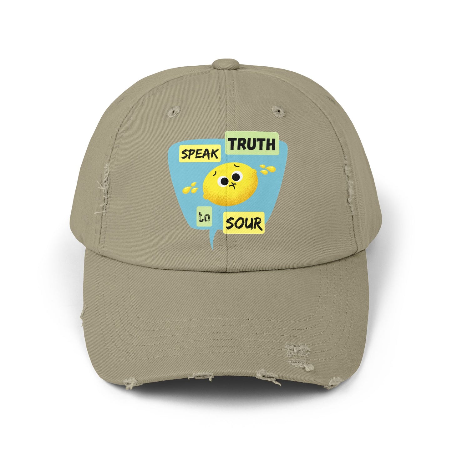 Speak Truth to Sour Lemon Pun Cap – Unisex Distressed Hat, Funny Gift for Friends, Unique Summer Accessory, Trendy Casual Wear