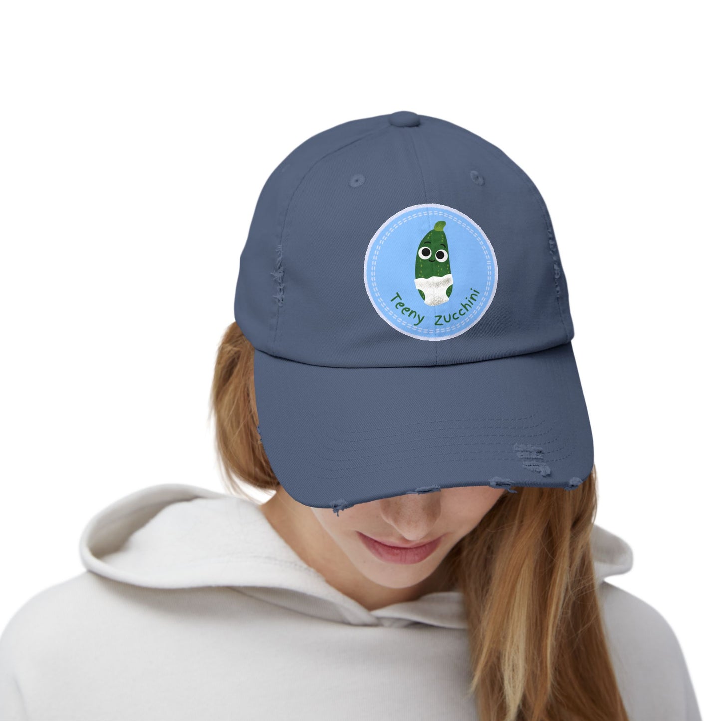 Unisex Distressed Cap with Funny Zucchini Character | Trendy Hats for Garden Lovers, Gifts for Him or Her, Casual Style Accessory