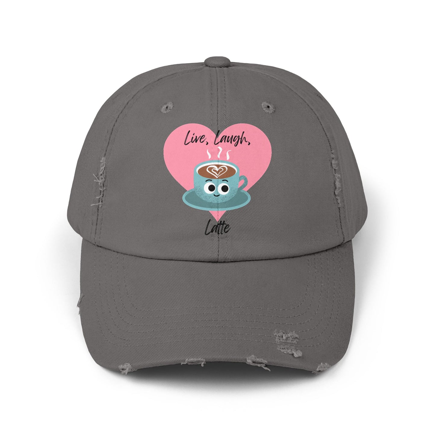 Cute Coffee-Themed Distressed Cap, Live Laugh Latte Pun Hats, Casual Everyday Accessory, Gift for Coffee Lovers, Unique Summer Cap