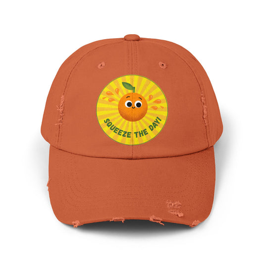 Squeeze the Day Distressed Cap, Fun Summer Hats, Cute Gift for Citrus Lovers, Unisex Casual Headwear, Beach Accessories