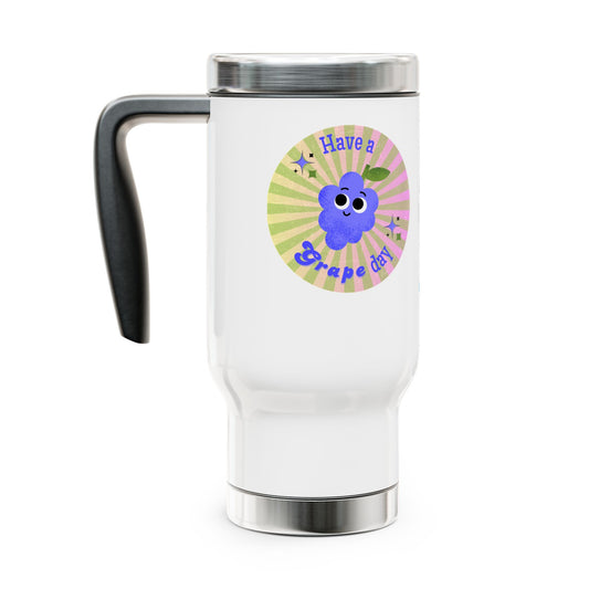 Whimsical Travel Mug with Handle - 'Have a Grape Day' Funny Pun Travel Accessory, Great Gift Idea,