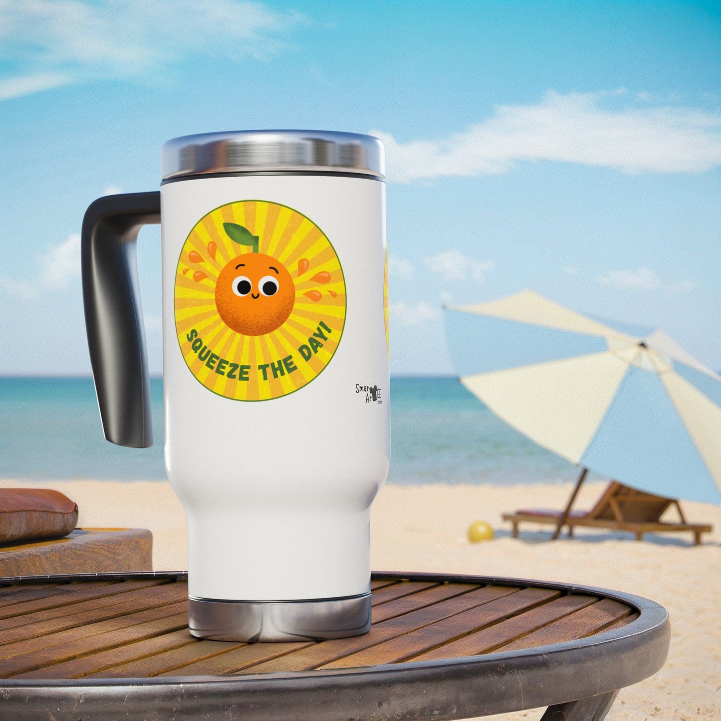 Travel Mug with Handle, Cute Orange Design for Coffee Lovers, Gift for Teachers, Friends, Summer Vibes, Squeeze The Day