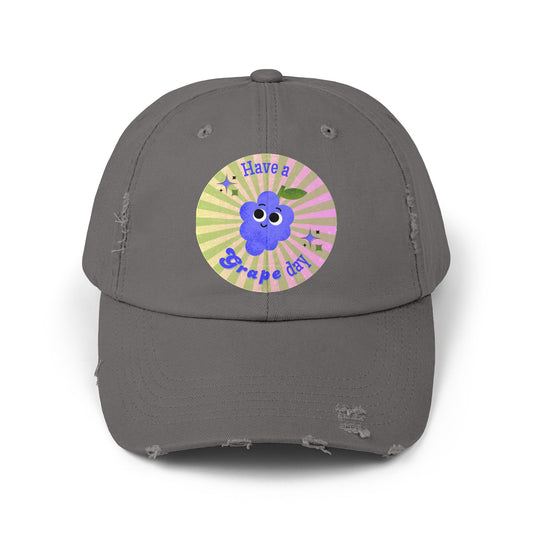 Quirky Distressed Cap: Fun Gift for Friends, Summer Accessory, Casual Funny Hats, Positive Vibes, Have a Grape Day!