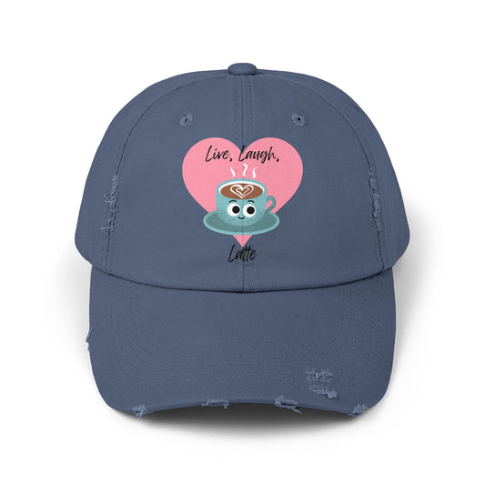 Cute Coffee-Themed Distressed Cap, Live Laugh Latte Pun Hats, Casual Everyday Accessory, Gift for Coffee Lovers, Unique Summer Cap