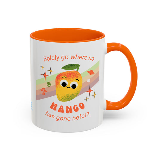 Boldly Go Mango Accent Mug, Fun Coffee Cup for Space Lovers, Unique Gift for Friends, Motivational Tea Mug, Colorful Kitchen Decor