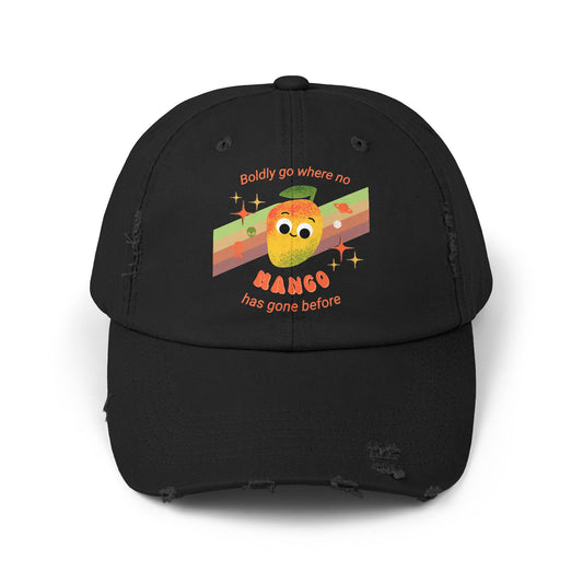 Playful Mango Pun Unisex Distressed Cap - Cute Star Trek Inspired Design - Trendy Hats for Space Lovers, Gift for Holidays, Casual Style