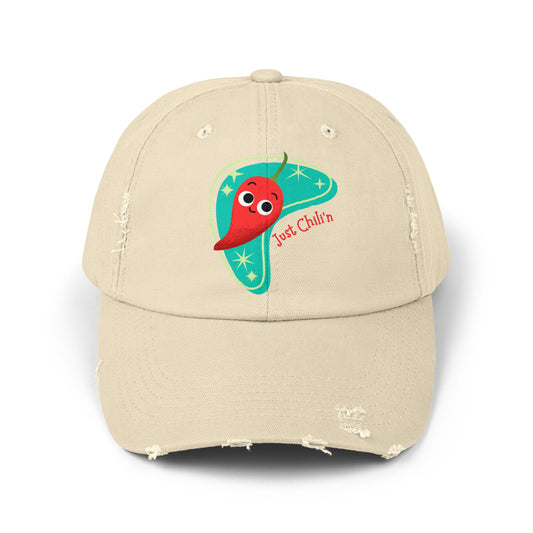 Unisex Distressed Cap with Cute Chili Design | Fun Gift for Food Lovers, Casual Wear, Summer Festivals, Birthdays, Funny Pun Hats