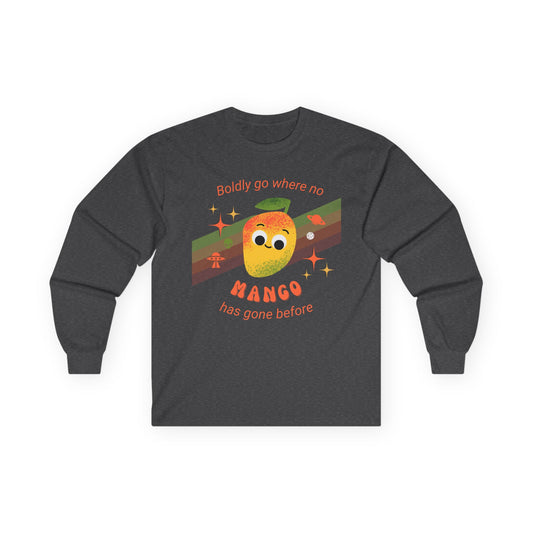 Spacey Mango Long Sleeve Tees - Perfect for Casual Days, Gifts, Summer Events,  ‘Boldly Go Where No Mango Has Gone Before'