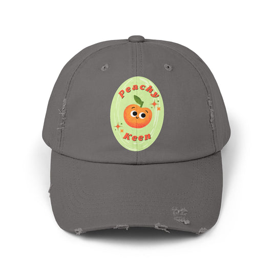Peachy Keen Distressed Cap, Vintage Cute Hats, Fall Fashion, Peach Pun Cap, Casual Wear, Gift Idea for All Ages