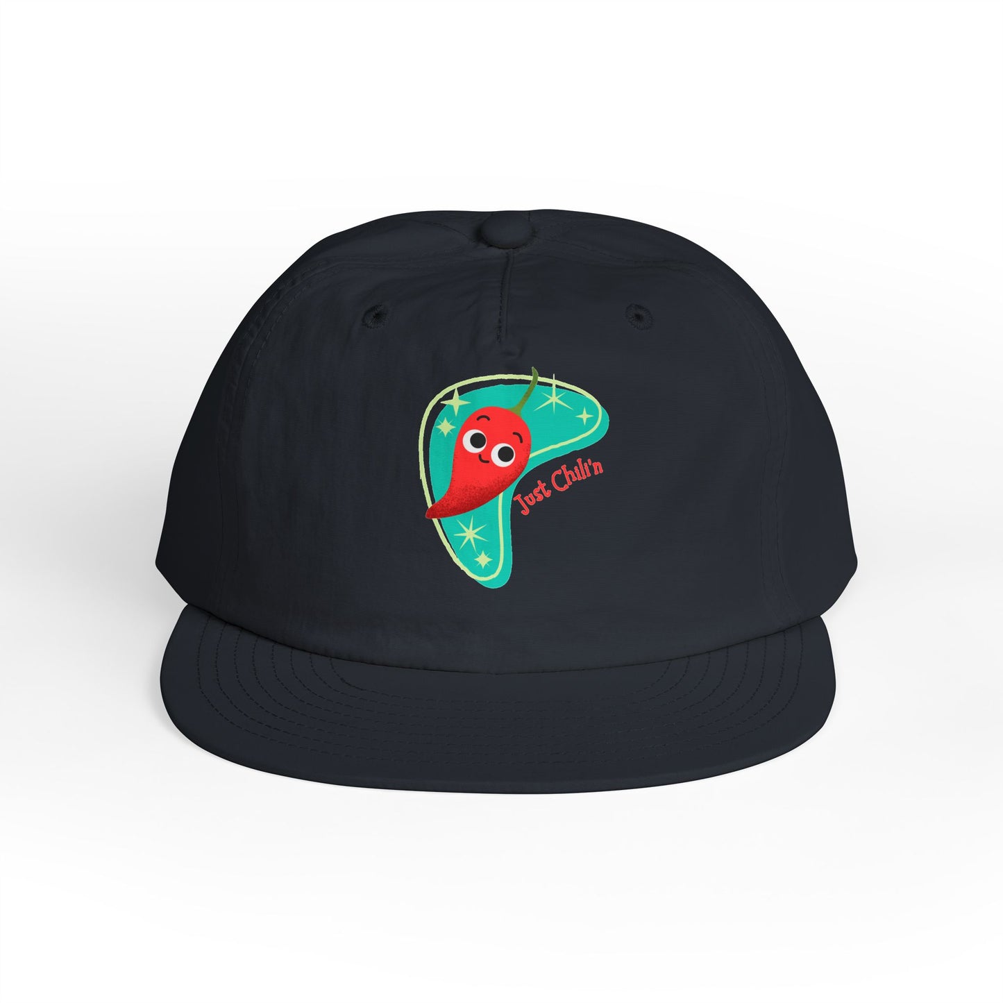 Surf Cap with Fun Chillin' Chili Design, Beach Apparel, Summer Hat Accessories, Gift for Food Lovers, Chill Vibes Cap, Surfing Headwear
