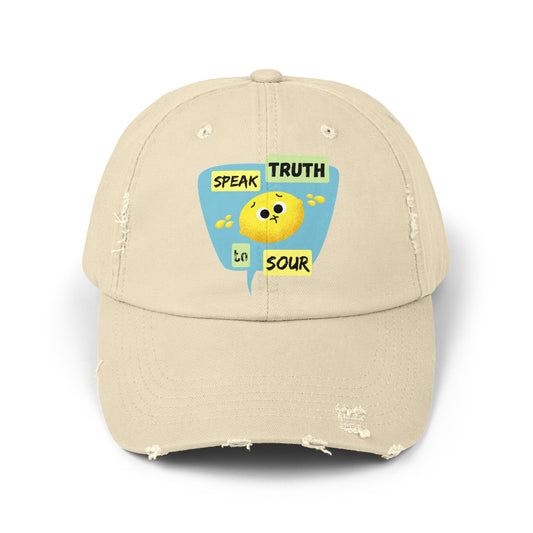 Speak Truth to Sour Lemon Pun Cap – Unisex Distressed Hat, Funny Gift for Friends, Unique Summer Accessory, Trendy Casual Wear