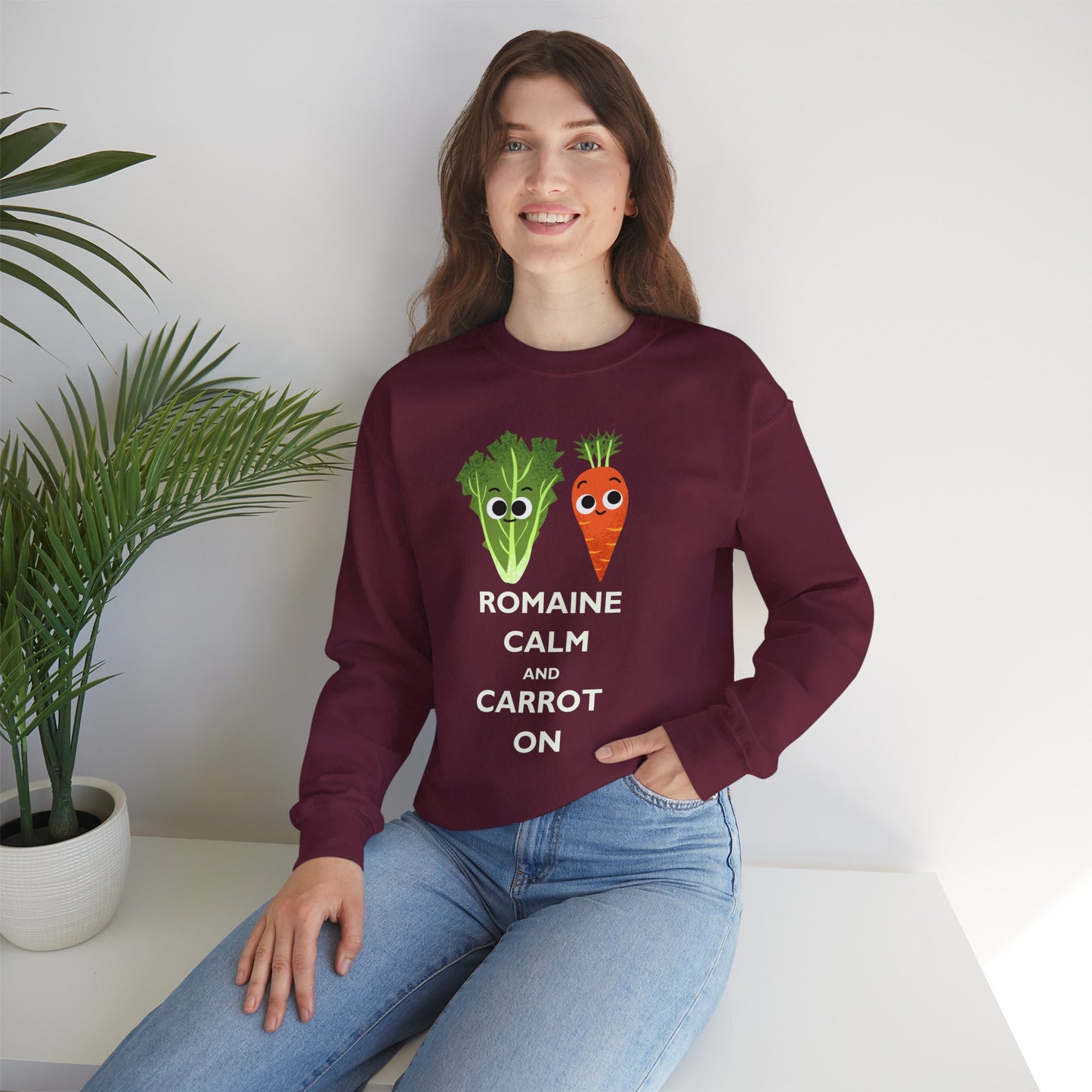 Funny Vegetable Sweatshirt - 'Romaine Calm and Carrot On' - Gift for Gardeners, Foodies, Friends, Casual Wear, Humor Apparel