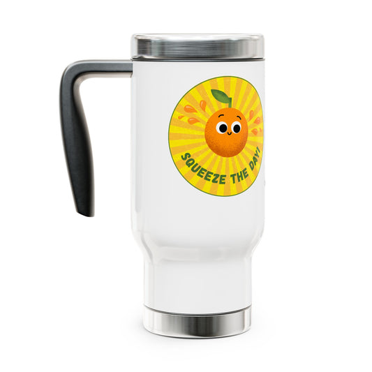 Travel Mug with Handle, Cute Orange Design for Coffee Lovers, Gift for Teachers, Friends, Summer Vibes, Squeeze The Day