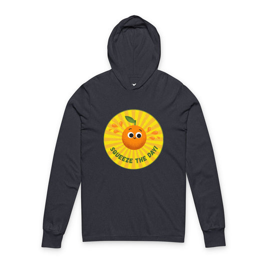 Cheerful Hooded Long Sleeve Shirt with 'Squeeze the Day' Design, Unisex Pullover for Everyday Motivation, Perfect Gift, Fun Apparel, Summer Vibes