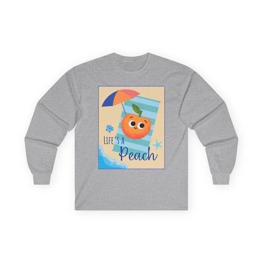 Lighthearted Peach Long Sleeve Tees for Summer Fun, Casual Wear, Beach Days, Cute Gift, Lifes a Beach Pun